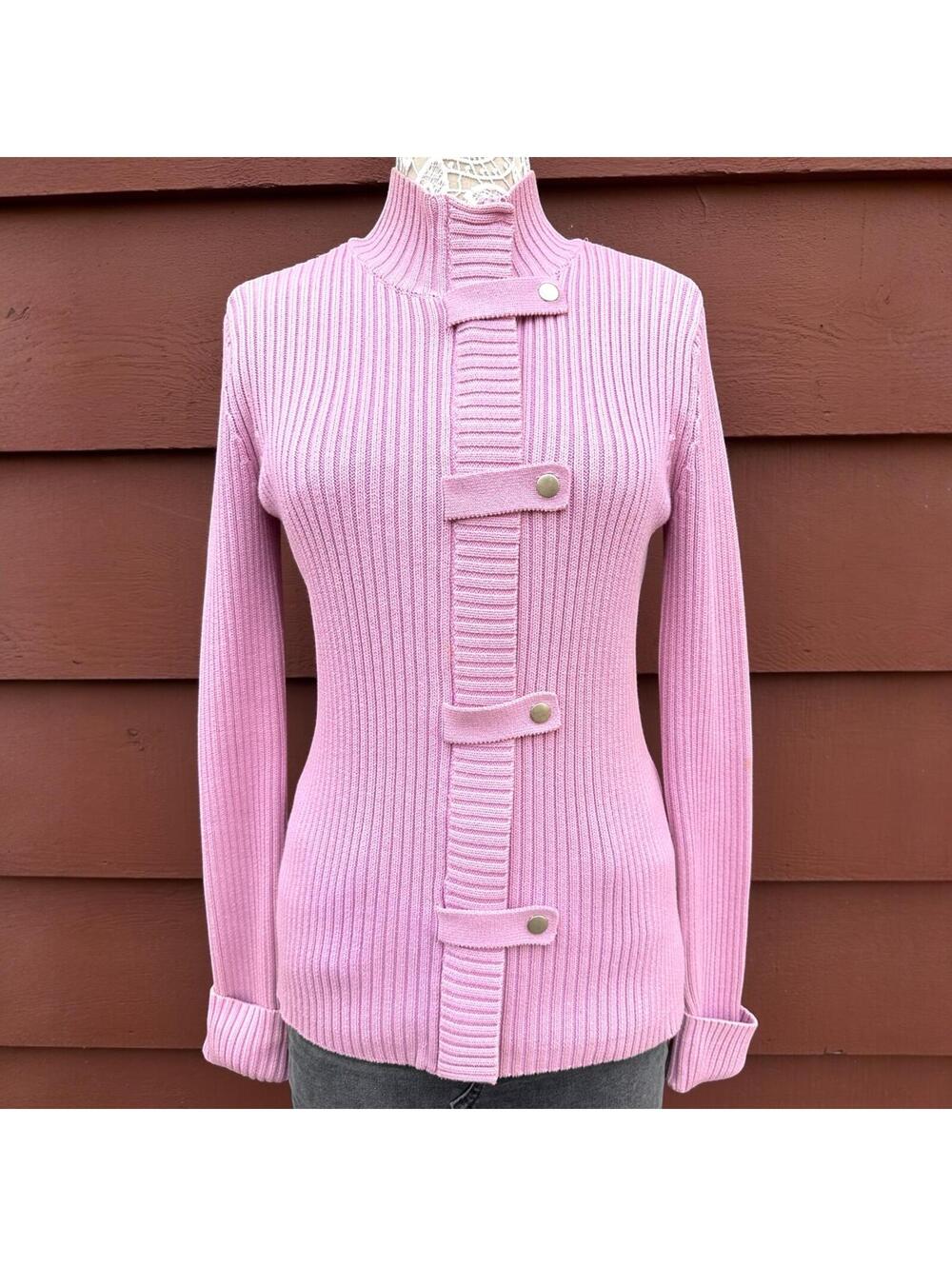 Moda International Pink Ribbed Mock Neck Snap Strap Cardigan